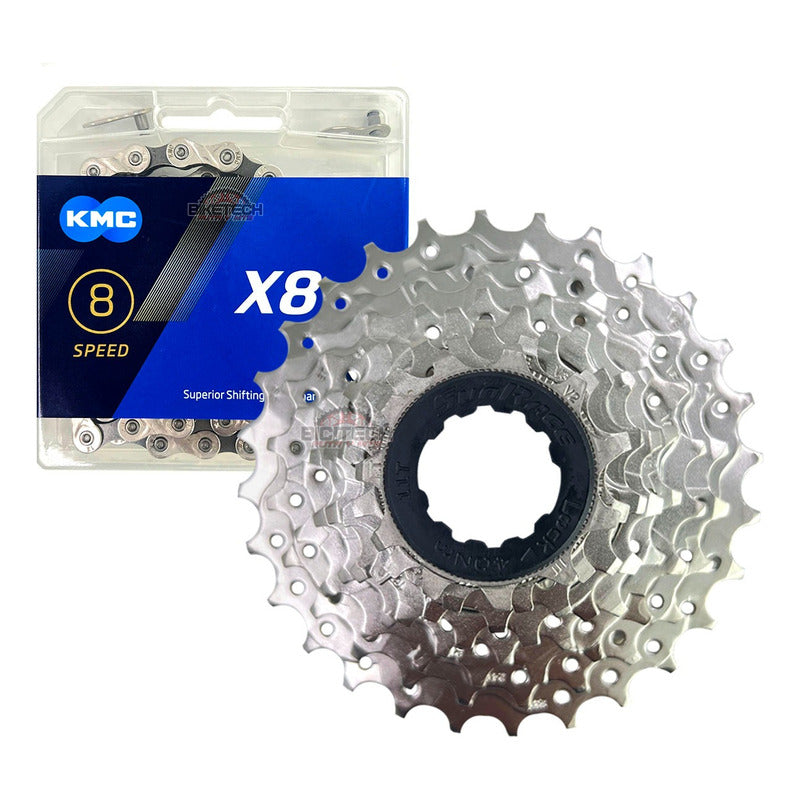 Combo Ruta 8v Pacha Sunrace 11-28 Cassette + Cadena Kmc X8 Plateado 11 28