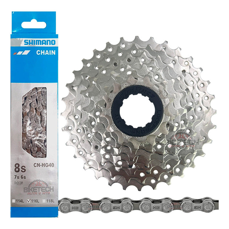 Combo 8 Vel. Pacha Sunrace M66 11-32 + Cadena Shimano Hg40  11 32 Plateado