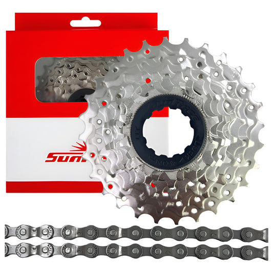 Pacha 8 Vel Sunrace 11-28 Cassette Ruta + Cadena Sunrace M84 Plateado 11 28