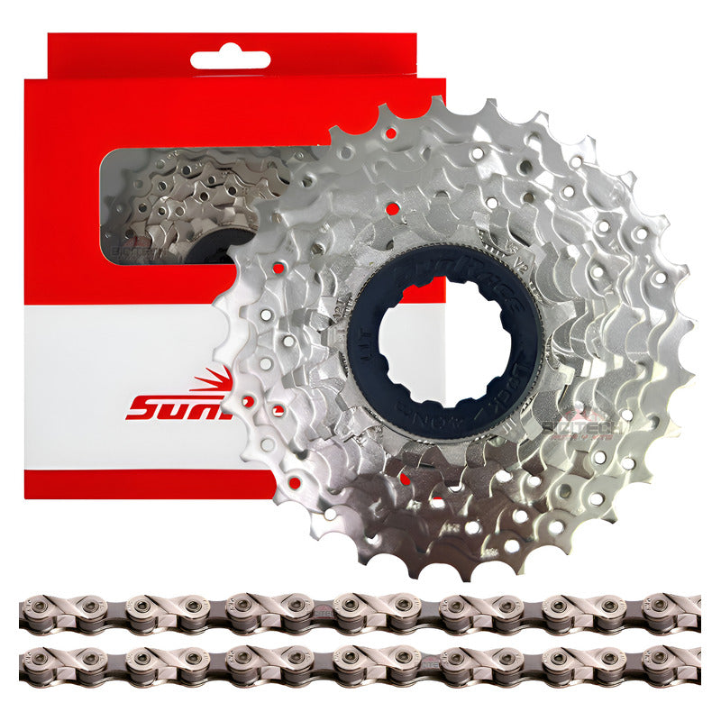 Combo Ruta 8v Pacha Sunrace 11-28 Cassette + Cadena Kmc X8 Plateado 11 28