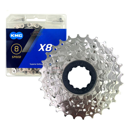 Combo Ruta 8v Pacha Sunrace 11-28 Cassette + Cadena Kmc X8 Plateado 11 28