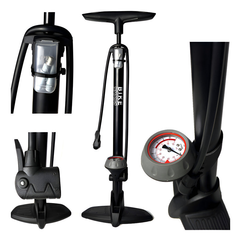 Bomba Piso Con Medidor Tipo Válvula Bicicleta Negro