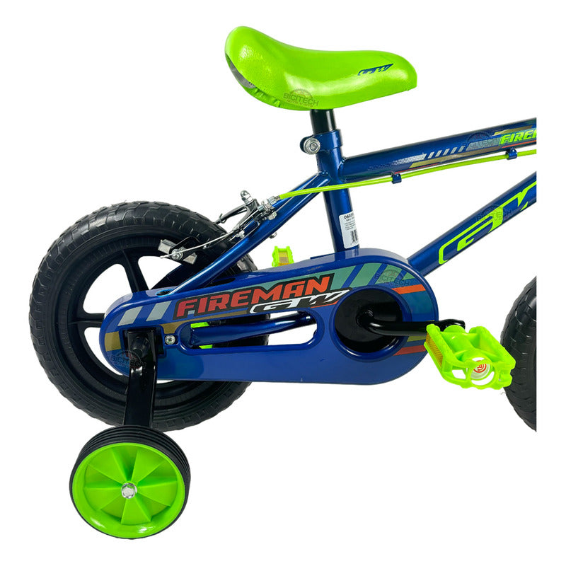 Bicicleta Bmx Niño Rin 12 Gw Fireman Azul Verde Auxiliares