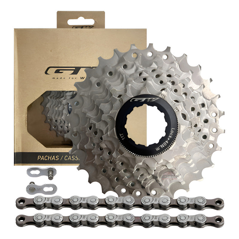 Combo 8 Vel. Pacha Gw 11-28 Piñones + Cadena Kmc Z8 Ruta Negro 11 40