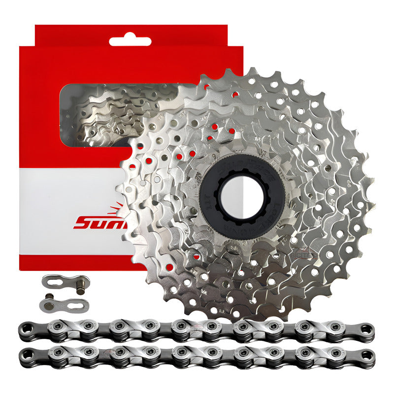 Combo 9 Vel. Pacha Sunrace M96. 11-32 + Cadena Kmc X9 Ruta Plateado