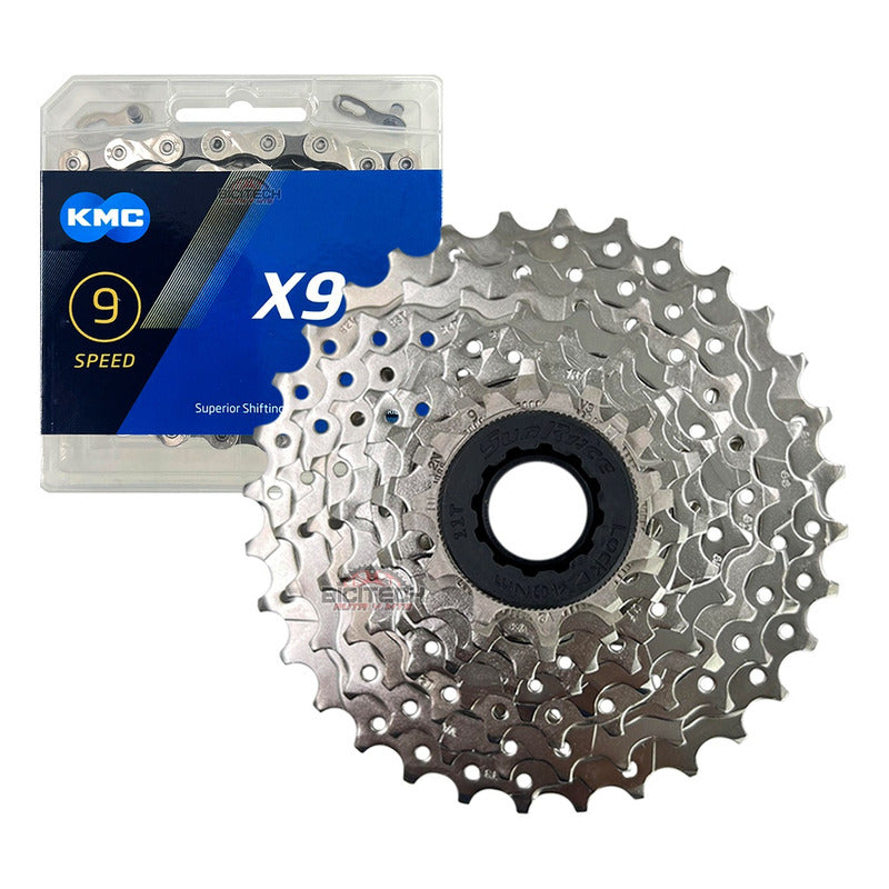 Combo 9 Vel. Pacha Sunrace M96. 11-32 + Cadena Kmc X9 Ruta Plateado