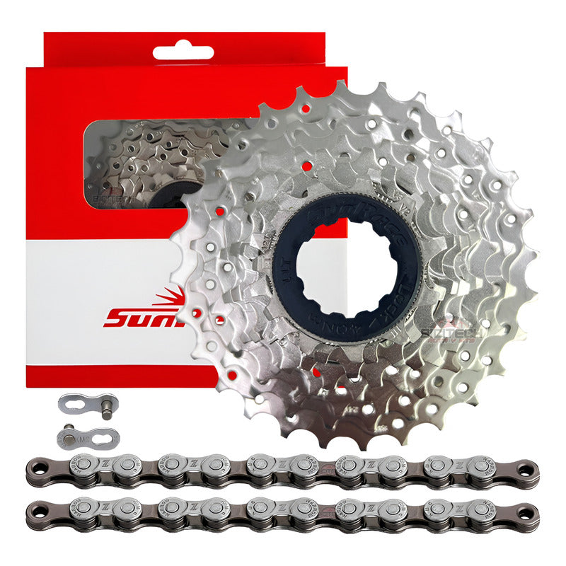 Pacha Cassette 8 Vel. Sunrace 11-28 Ruta + Cadena Kmc Z8 11 28 Plateado