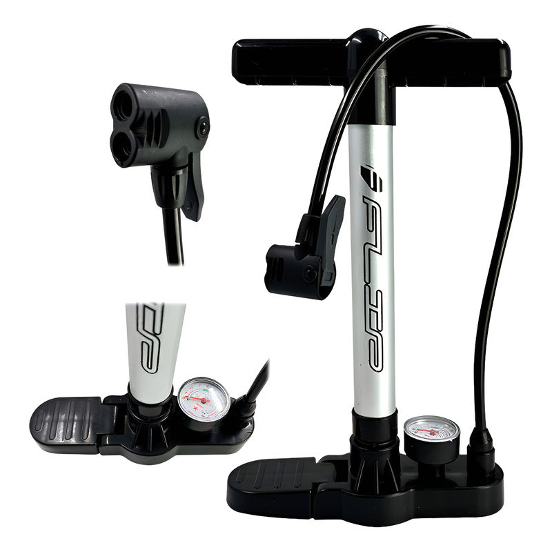 Inflador Bomba Moto Bicicleta Con Medidor 145 Psi Mtb Ruta Plateado